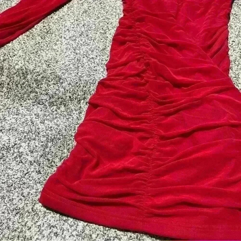 PRETTYGARDEN Women’s SZ S Red Sheer Sleeves Ruched Bodycon Dress - Picture 6 of 11